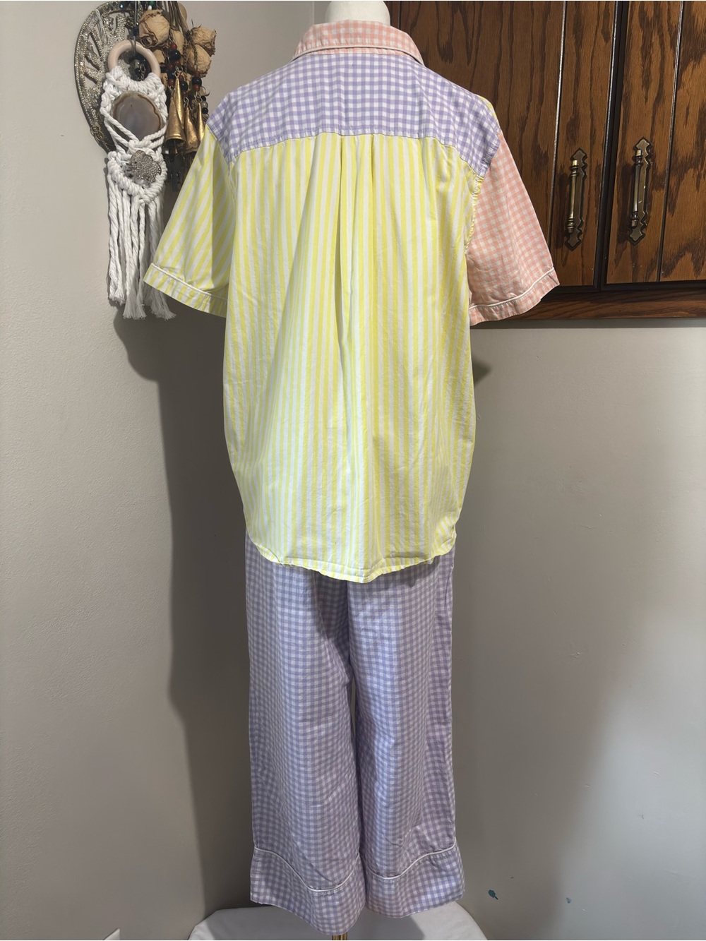 Vintage Lands' End Gingham Stripe Pajama Set Large Yellow Pink Cozy 100% Cotton - Picture 5 of 14
